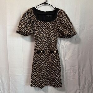 Endless Rose Mini Dress Gold Black Tweed Puff Sleeve Metallic Square Neck XS